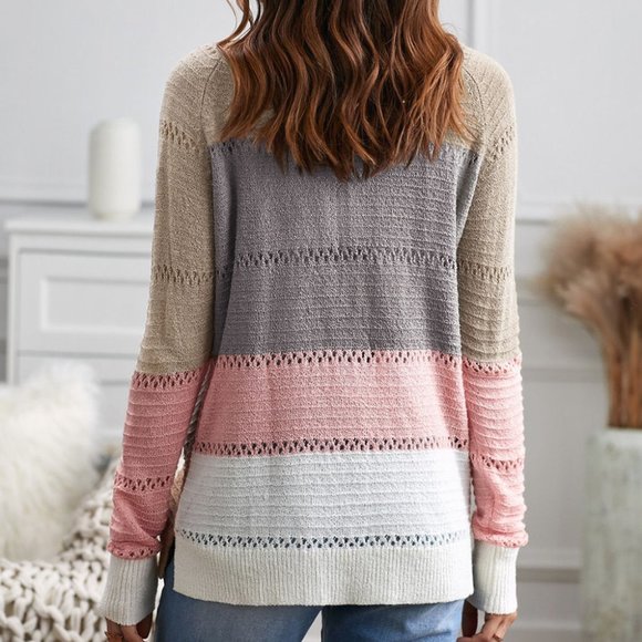 061. Multicolor V-neck Color Block Button Closure Eyelet Cardigan  Size S - Picture 3 of 3